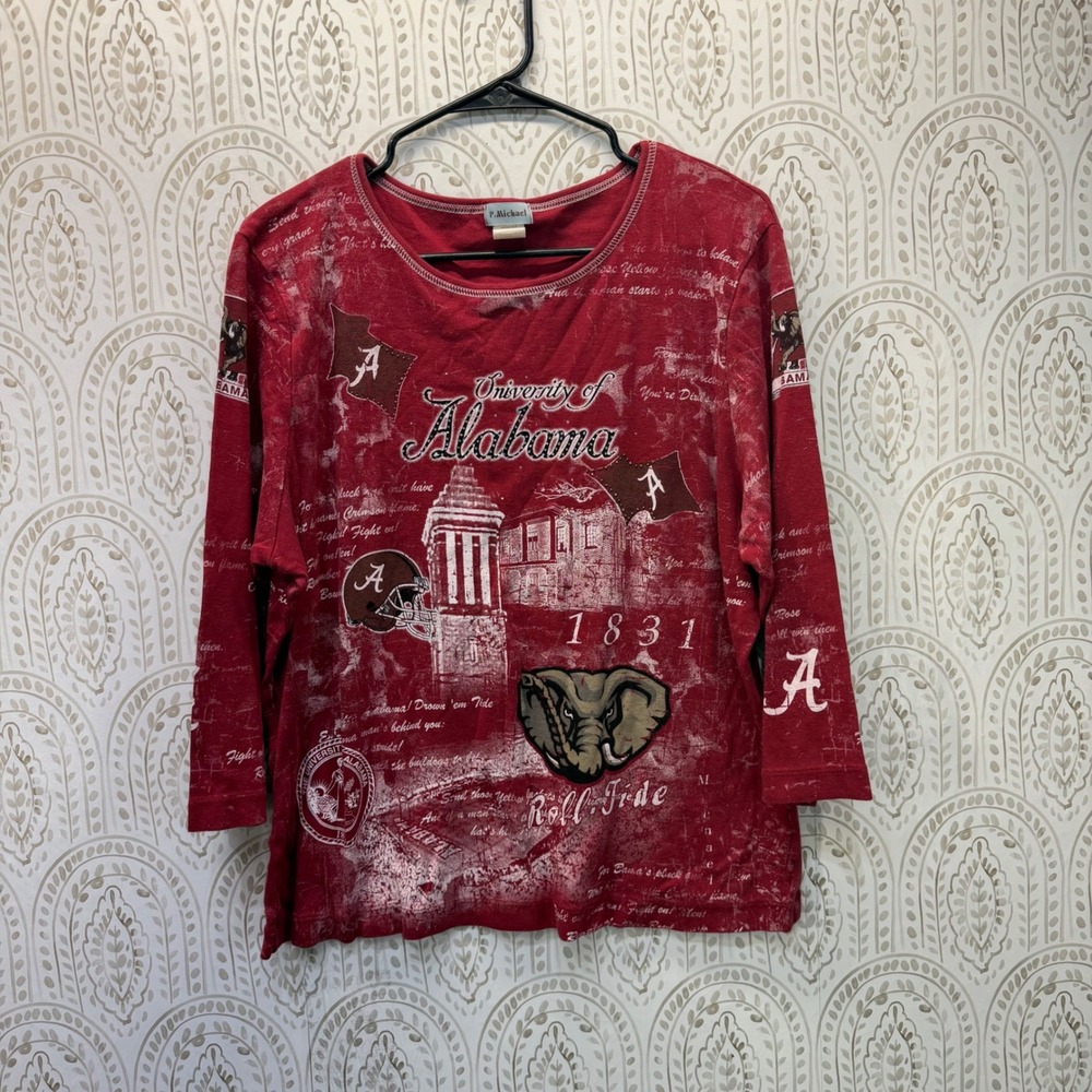 P. Michael Alabama Crimson Tide Top Women L Red Roll Tide Acid Wash 3/4 Sleeve